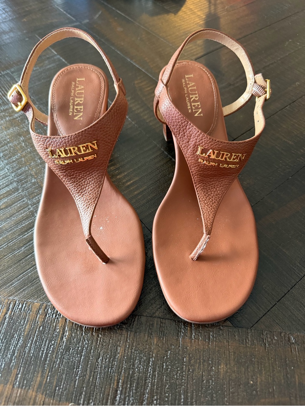 Lauren Ralph Lauren Brown Leather T-Strap Sandals with Gold Logo